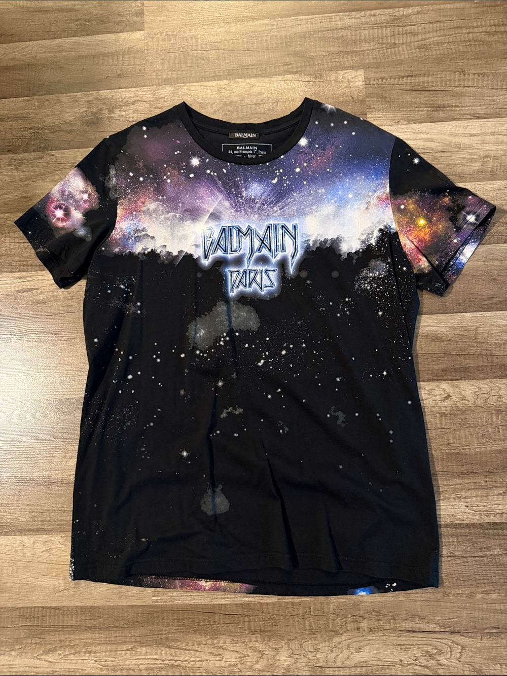 Balmain Black Galaxy Print Short Sleeve Tee